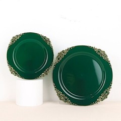 10 HUNTER GREEN GOLD 8″ Round Plastic Salad Dinner PLATES Embossed Baroque Rim