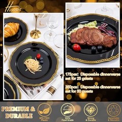 175pcs Black and gold Plastic Plates – Black and Gold 175 Pieces (25 Guests)