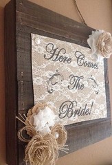 Primitive Barn Wood Burlap Panel Here Comes The Bride Flower Wedding Shabby Chic