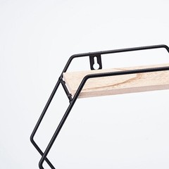 BLACK NATURAL 2 Tier Hexagon Metal Wood Geometric Floating Shelf Decorations