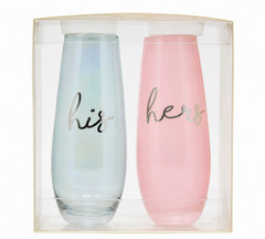 His and Hers Pink & Blue Stemless Champagne Wine Glasses for Wedding/Engagement