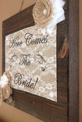 Primitive Barn Wood Burlap Panel Here Comes The Bride Flower Wedding Shabby Chic