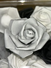 Felt Black, White & Gray Table Centerpiece Rose Buds In 6x6x6 Clear Plastic Box