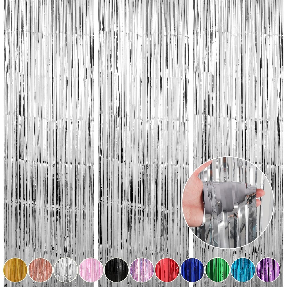 Crosize 7 Pack 3.3 x 9.9 ft Silver Foil Fringe Backdrop Curtain, Streamer Bac…