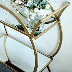 GOLD 2.5ft tall 2-Tier Round Metal Bar Cart Mirror Glass Serving Trays Party