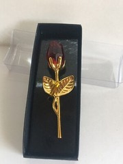 Gold Stem Red Rose in a box Wedding Favor Gold Tone Red Crystal 3.5” Length