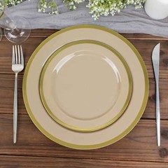 TAUPE10 Round 7″ Plastic SALAD PLATES Gold Rim Party Events Tableware