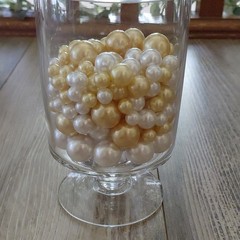 Clear Glass Vase w/ Gold & White Pearl Beads Wedding Centerpiece Decor