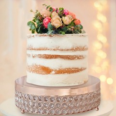 15.5″ wide Rose Gold Metal Cake Stand with Crystal Beads Wedding Birthday Events