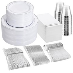 700PCS Silver Plastic Plates – Silver Plate Set 100Guest – Silver Rim