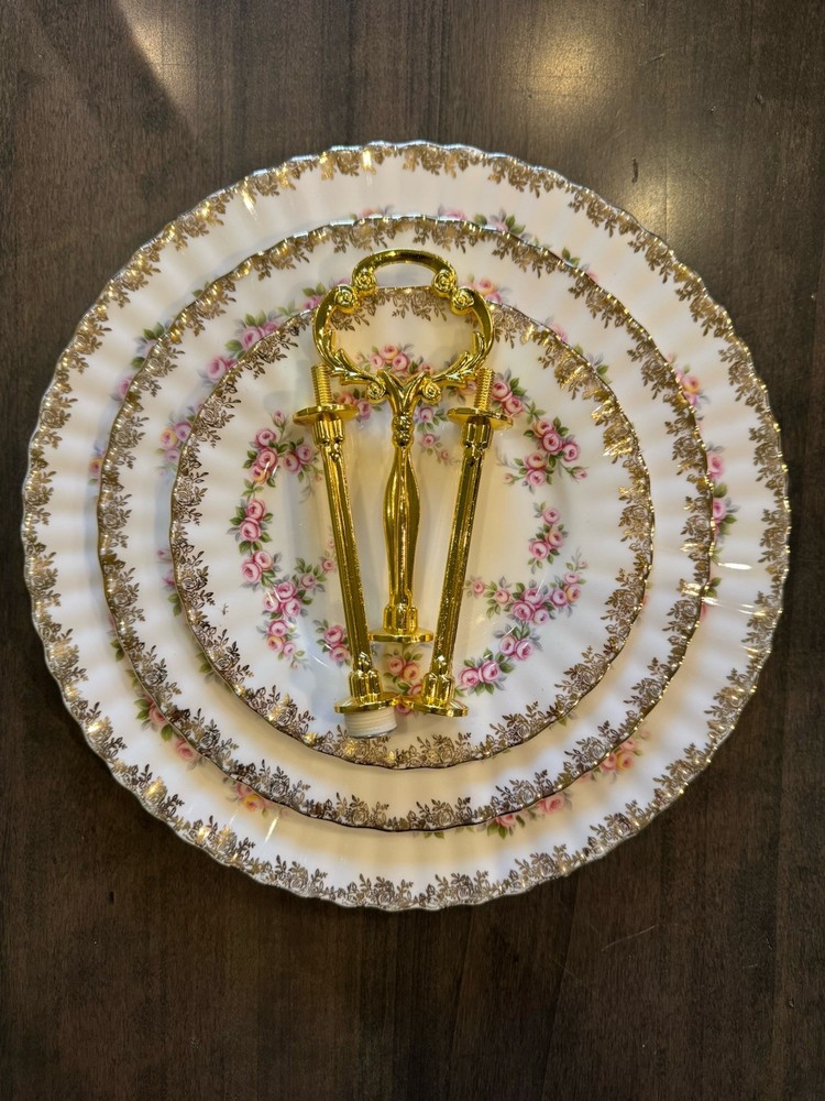 Royal Albert Dimity Roses 3- Tier Cake Dessert Stand England