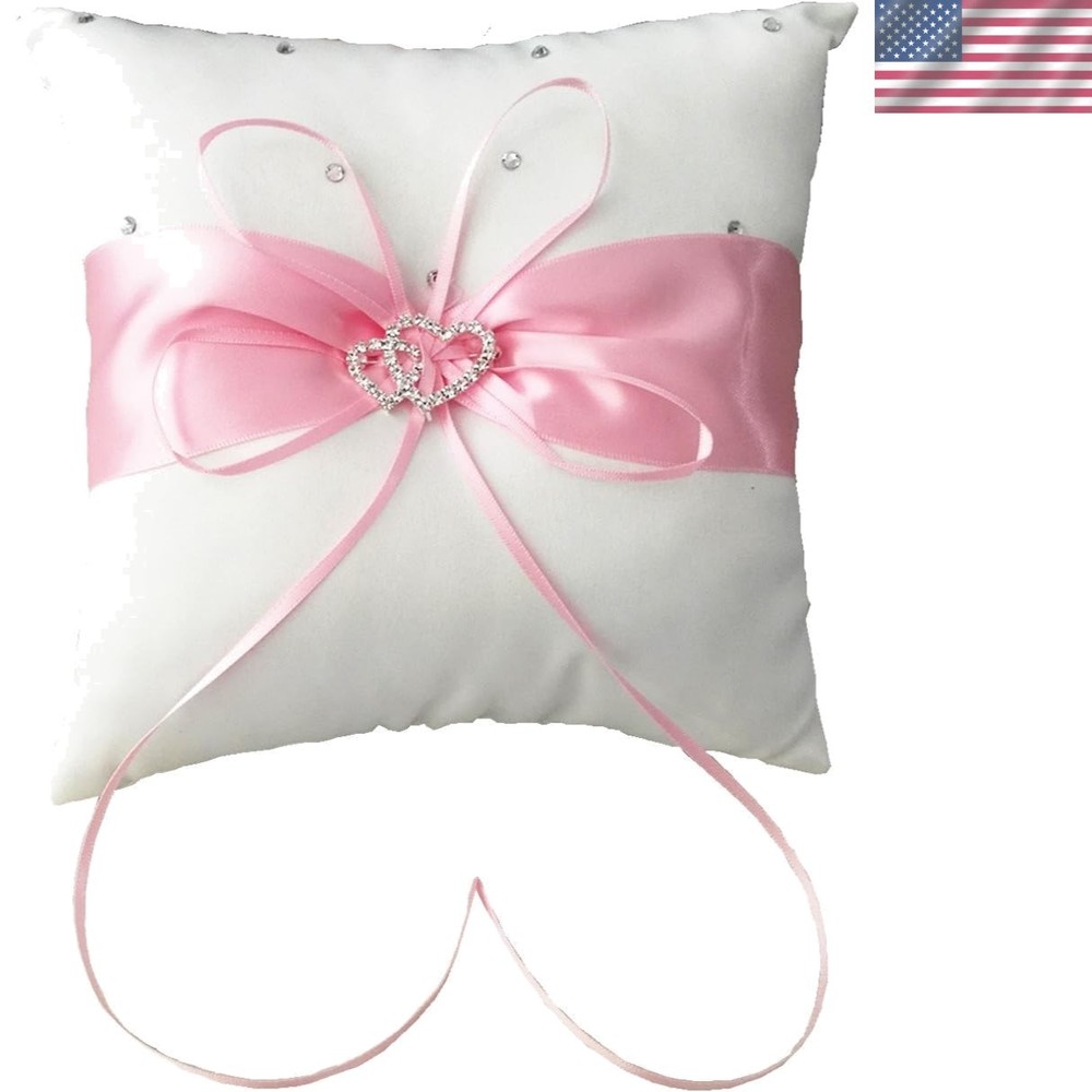 7.8″ Satin Double Hearts Decoration Wedding Ring Bearer Pillow Pink