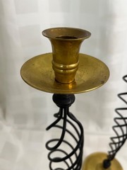 Black Twisted Wrought Iron and Solid Brass Candlesticks~Pair-Pre-owned