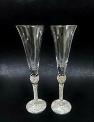 SET OF 2 SILVER RIM,SPARKLING CRYSTALS STEM,BASE CHAMPAGNE,FLUTE GLASS,HAND MADE