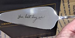 New Wedding Bride & Groom Gold Embossed Champaign Flutes & Cake Cutter Set NIB!