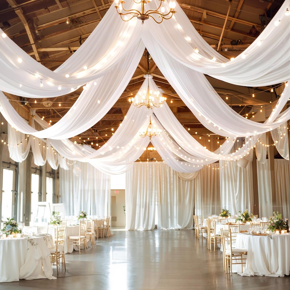 6 Panels White Ceiling Drapes with Lights 60″W x 240″L (Pack of 6),