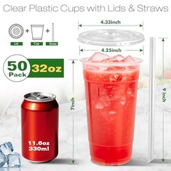 32 oz Sets Clear Plastic Cups with Lids and Straws, Sturdy & Food Safe 32oz 50