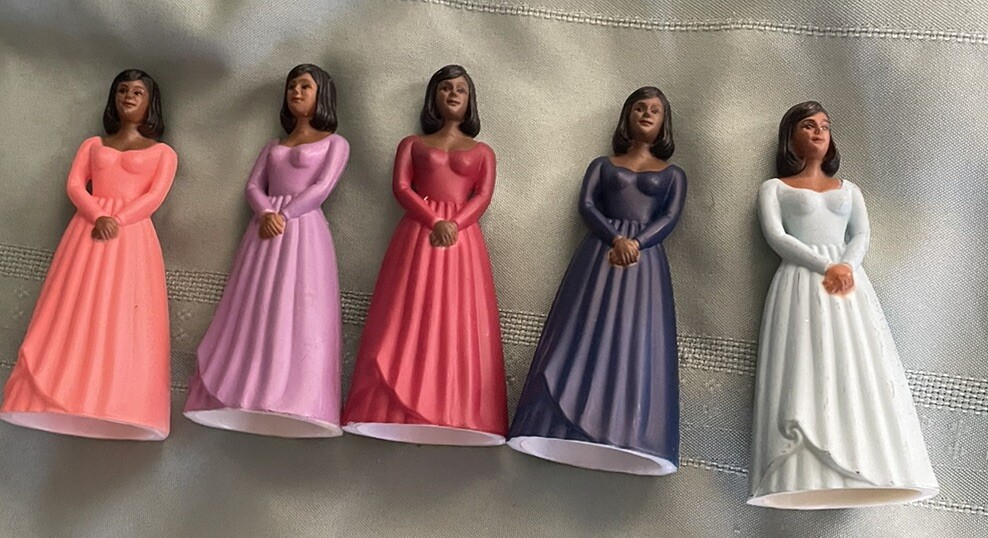 VINTAGE 5 BRN BRIDESMAIDS IN RAINBOW GOWNS OLD STOCK CAKE TOPPERS’ NEW-FREE SHIP