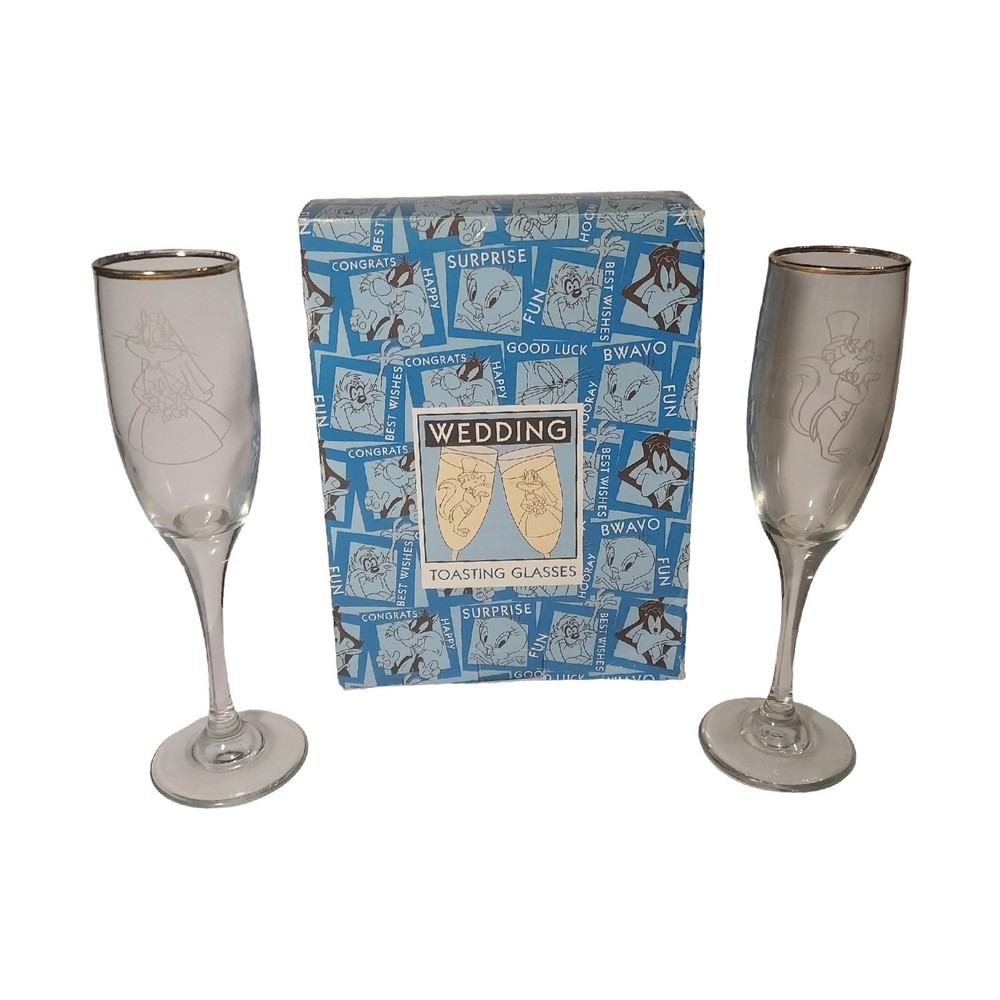Vintage 1996 Pepe Le Pew & Penelope Wedding Toasting Glasses w/Gold Rim-SEE DESC