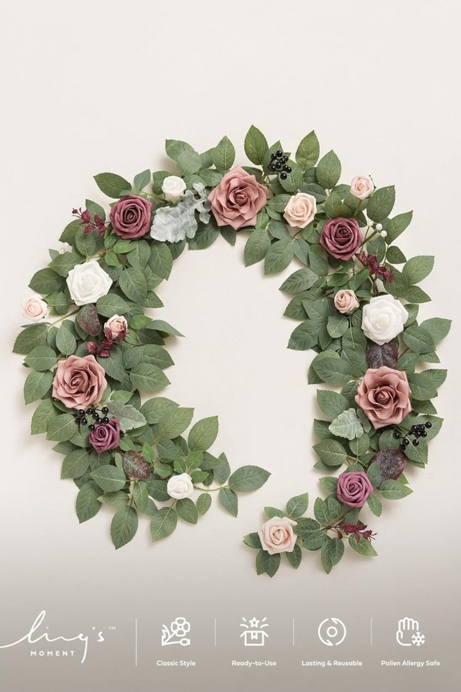 Ling’s Moment 5FT Dusty Rose & Mauve Flower Garland w/ Eucalyptus Leaves
