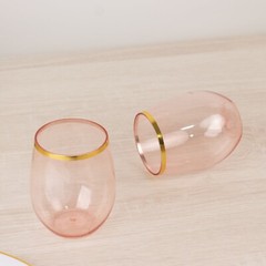 12 pcs 14 oz BLUSH with GOLD Rim Stemless Plastic Wine Glasses Party Supplies