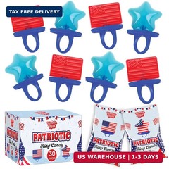 30 Pack Patriotic Ring Candy – Individually Wrapped 4th of July Flag & Star Suck