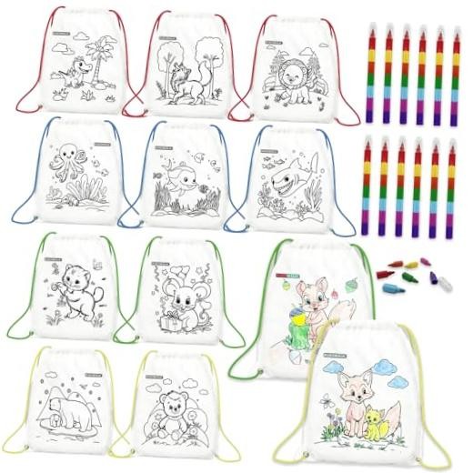 12 PCS Colorable Drawstring Backpack for 12 backpacks and 12 crayons (7 Colors)