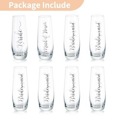 Champagne Glasses Bridal Bride x 1 + Maid of Honor x 1 + Birdesmaid x 6 Silver