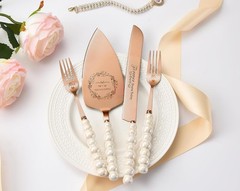 Elegant Rose Gold Cake Cutting Set with Forks & Server – Timeless Wedding Gift