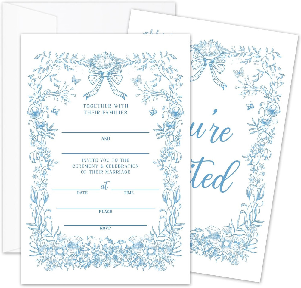 25 PCS Blue Floral Wedding Invitation Cards With Envelopes Mr And Mrs