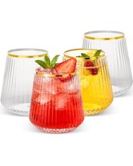 Pack 12oz Stemless Plastic Wine Glasses – Clear Ribbed Cups 36 Clear and Gold