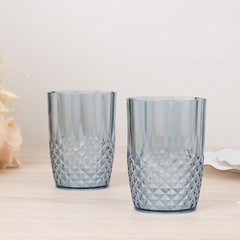 6 DUSTY BLUE 16 oz Crystal Cut Plastic DRINKING GLASSES Tumblers Party