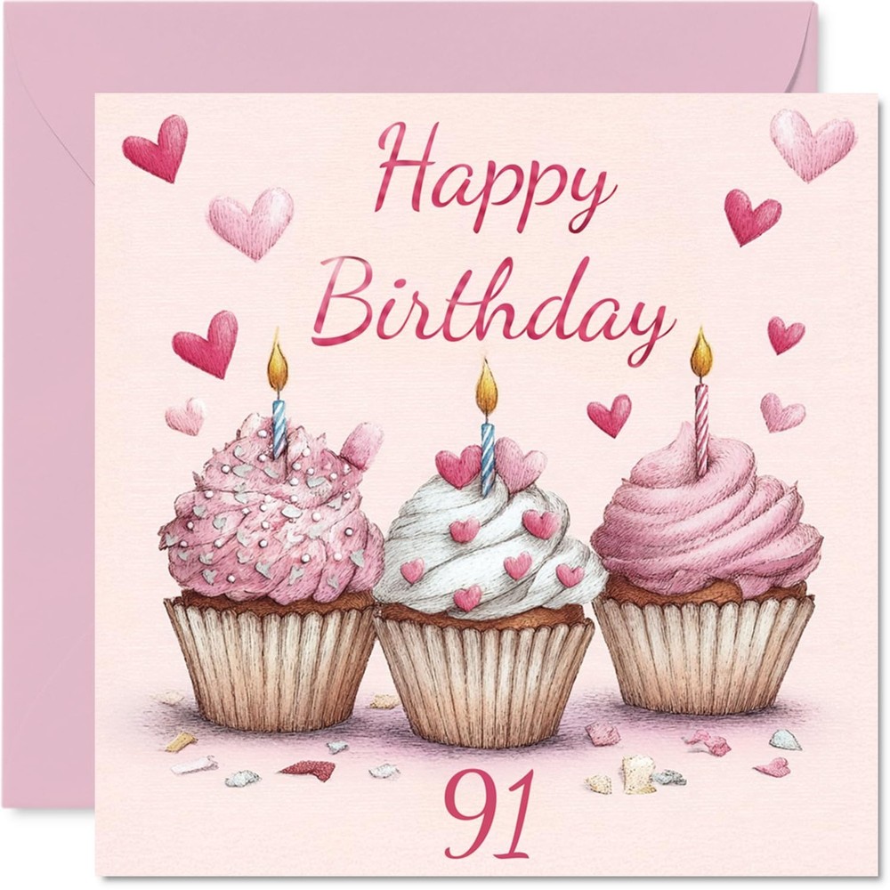 Stuff4 91st Birthday Cards for Women Men – Pink Cupcakes – Happy Birthday Car…