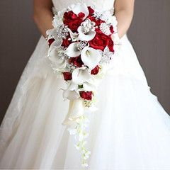 Romantic Red Calla Lily & Rose Bridal Bouquet with Pearls & Diamonds