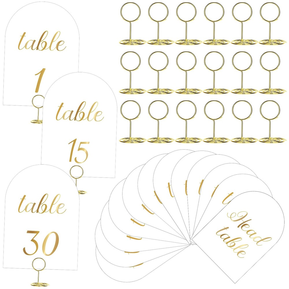 White and Gold Table Numbers 1-30 with Head Table Number Card and Holders, 5 …