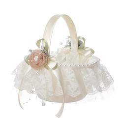2 PCS White Wedding Flower Girl Baskets Polyester Handle Cute Party Decoration