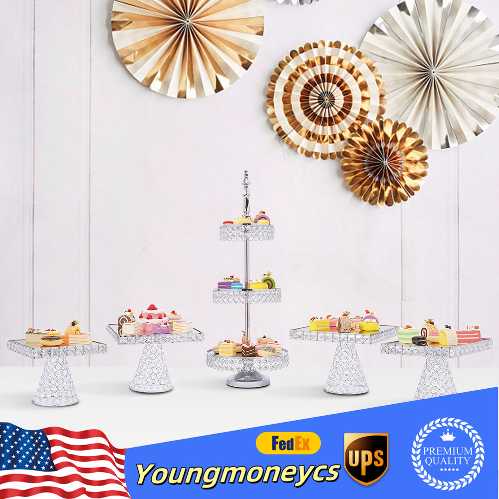 Dessert Plate Display Rack 5Pcs Cupcake Holder Tray Crystal Beads Cake Stand New