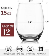 Stemless Wine Glasses Set of 12-15oz Red/White Wine Glasses, Crystal, Clear,