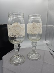 Country Rustic Wedding His & Hers Wine Toasting Goblets, Mason Jar Lace