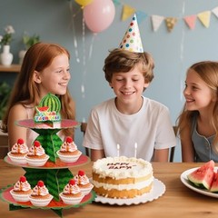 Cupcake Stand, 3 Tier Cute Summer Fruit Party Cardboard Round Watermelon
