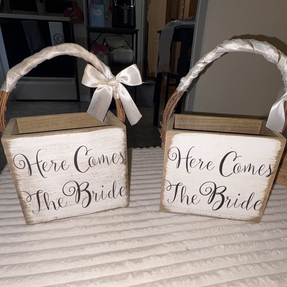 2 Wood Wedding Flower Baskets w/ Handles & White Bows Here Comes Bride