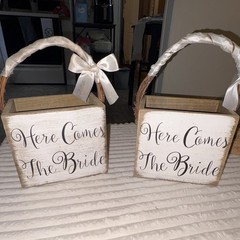 2 Wood Wedding Flower Baskets w/ Handles & White Bows Here Comes Bride