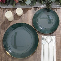 HUNTER GREEN 10 Glossy 10″ Round Plastic Salad PLATES Gold Rim Party Events
