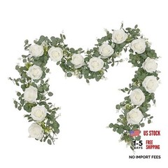 2Pcs 13Ft Artificial Eucalyptus Garlands with Flowers – 8 2 Pcs White Rose