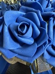 Royal Blue Foam Rose Bouquet Gold Ribbon Accents Wedding Prom Quinceañera Ramo