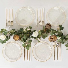 10 Round 9″ CLEAR Hammered Plastic Salad DINNER PLATES Glitter Gold Rim Party