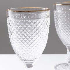 6 pack 8 oz CLEAR Glass Wine Goblets with GOLD Rim and Embossed Diamond Pattern