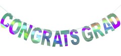 Pre-Strung Holographic Congrats Grad Banner Decorations Sign, Iridescent Hang…