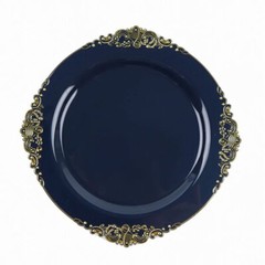 10 NAVY BLUE GOLD 10″ Round Plastic Salad Dinner PLATES Embossed Baroque Rim