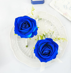 Royal Blue White Corsage and Boutonniere Set for Wedding Prom, Artificial Rose F